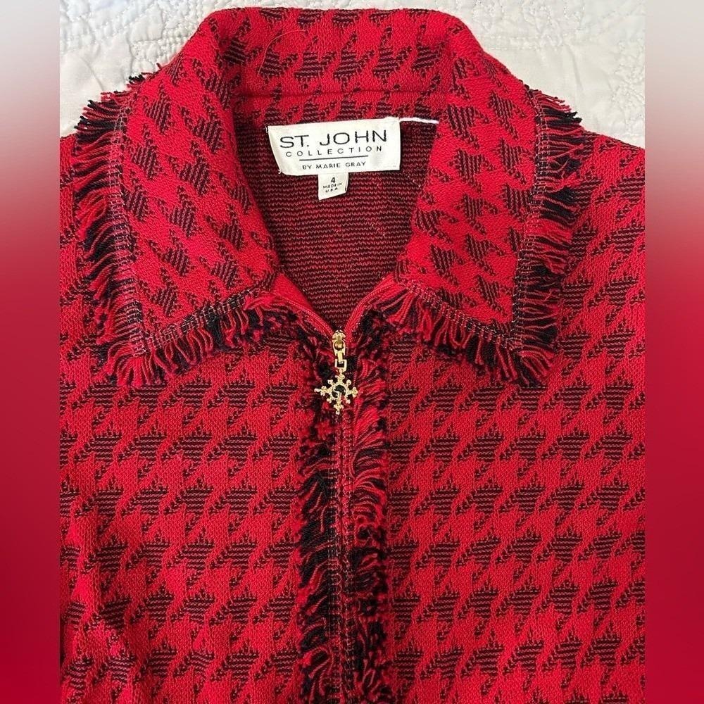 St John Collection Red Black Houndstooth Zip Jacket Blazer Old Money Elegant 4 - Picture 9 of 9